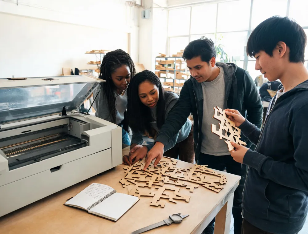 Maker team reviewing a laser-cut assembly beside an enclosed machine