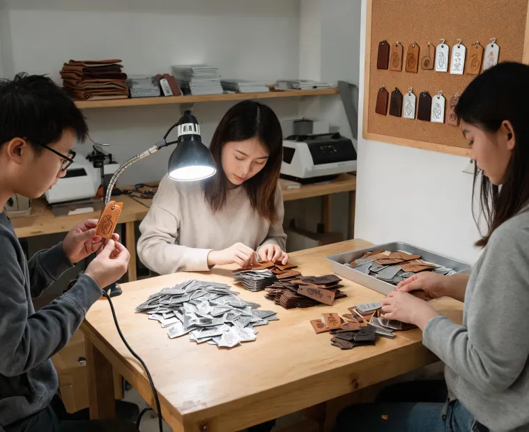 Small business team sorting engraved product tags