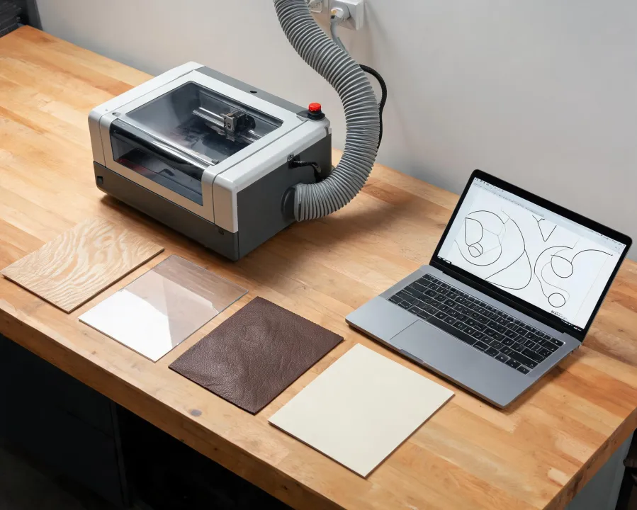 Desktop laser work area with material samples and exhaust routing