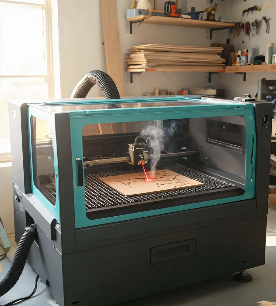 Glowforge desktop laser cutting a detailed plywood fixture