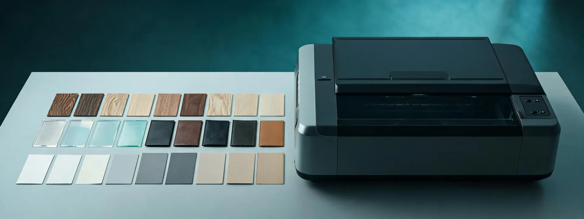 Material samples beside an enclosed desktop laser
